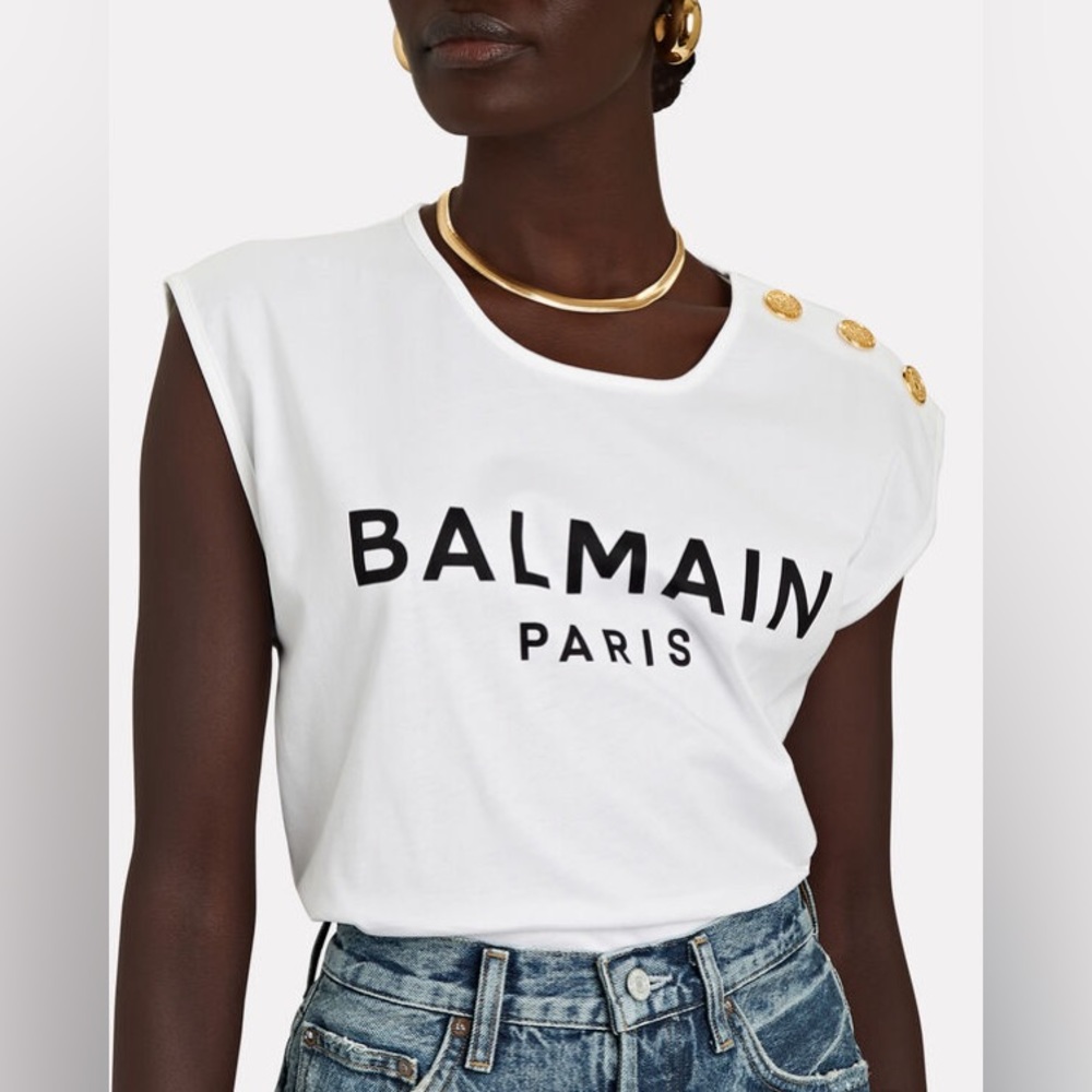 Authentic BALMAIN Logo Cotton-Jersey Tank Top Sz 34